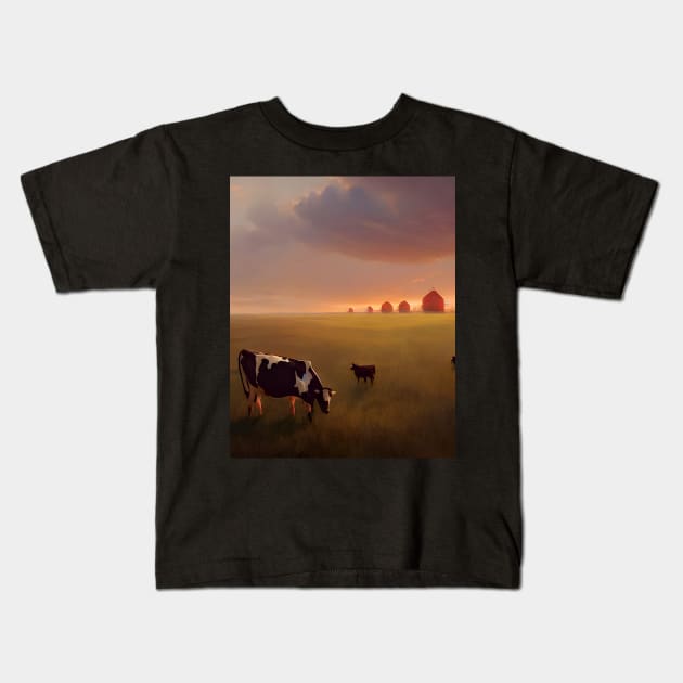 Mother and Baby Cow on Farmstead at Sunset Kids T-Shirt by ichewsyou